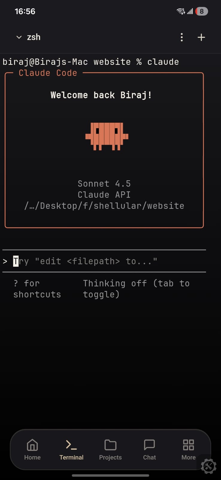 Shellular mobile app showing Claude Code running